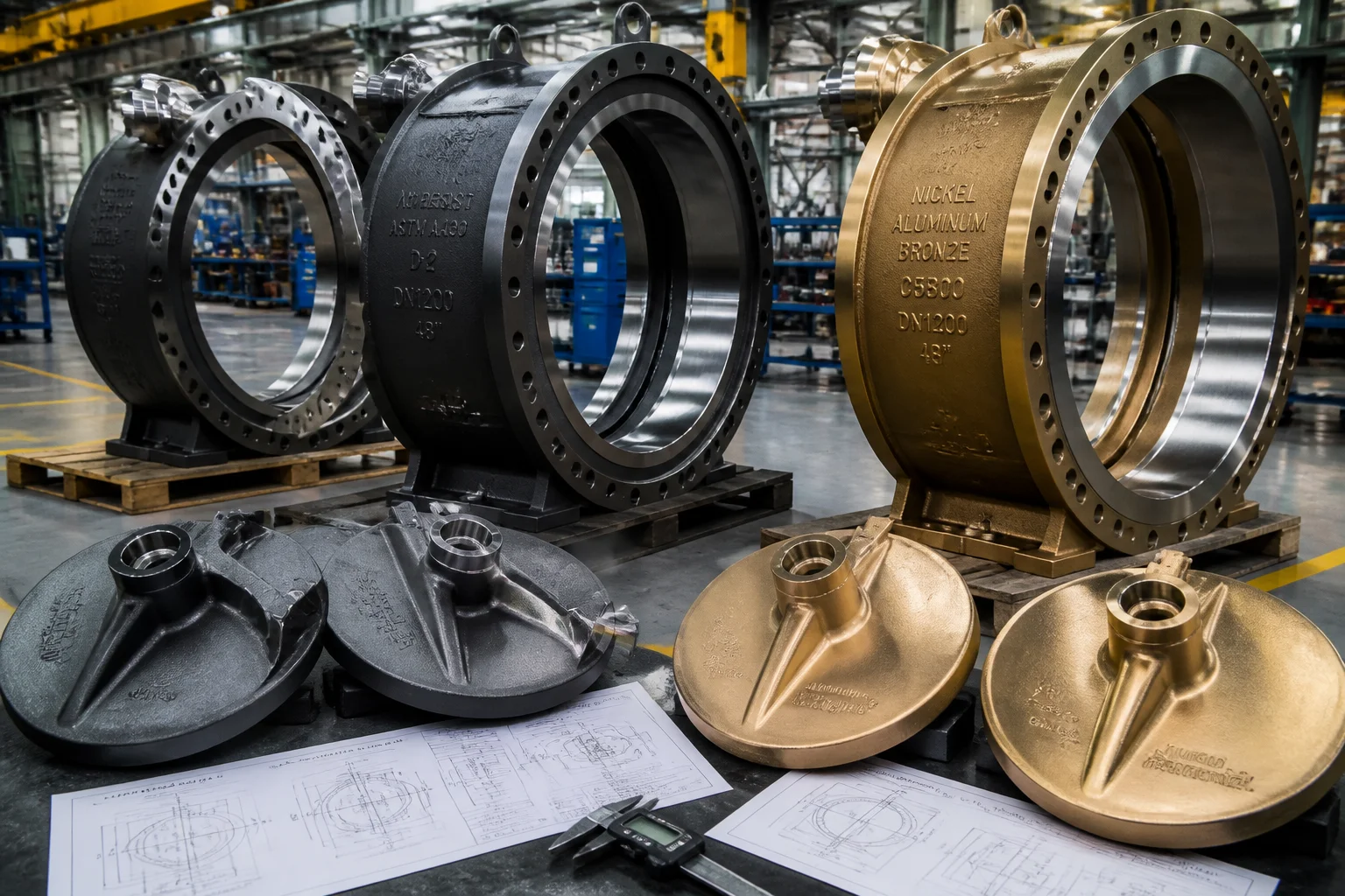 Array of large-diameter Ni-Resist ductile iron and Aluminum-Bronze butterfly valve bodies and discs