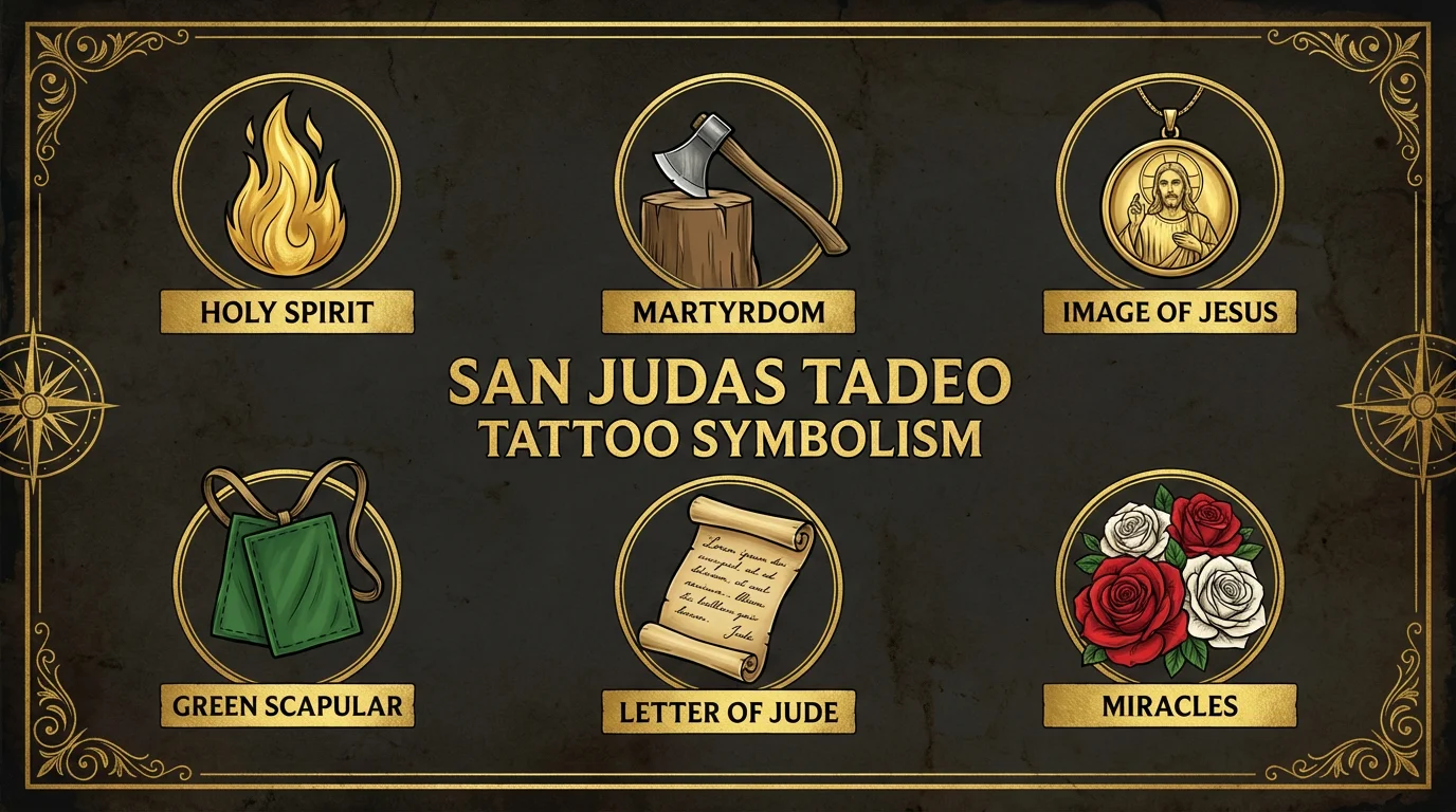 San Judas tattoo symbolism chart - flame axe medallion meaning
