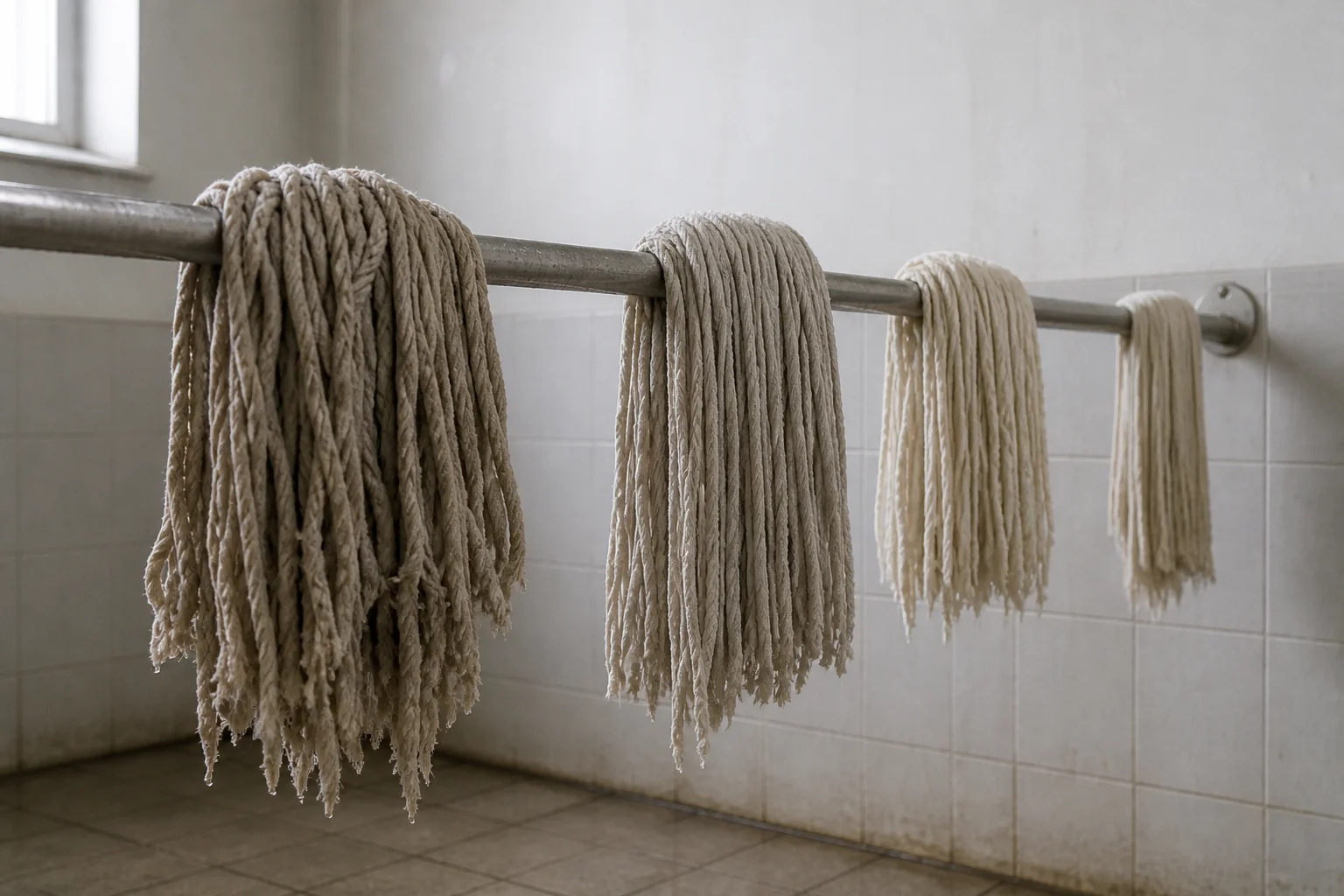 Four cotton string mop heads of different weights hanging from a stainless-steel rail to dry in a tiled utility room