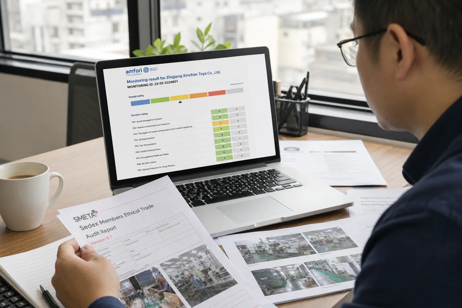 B2B buyer reviewing supplier audit documents and factory certification records during supplier due diligence process