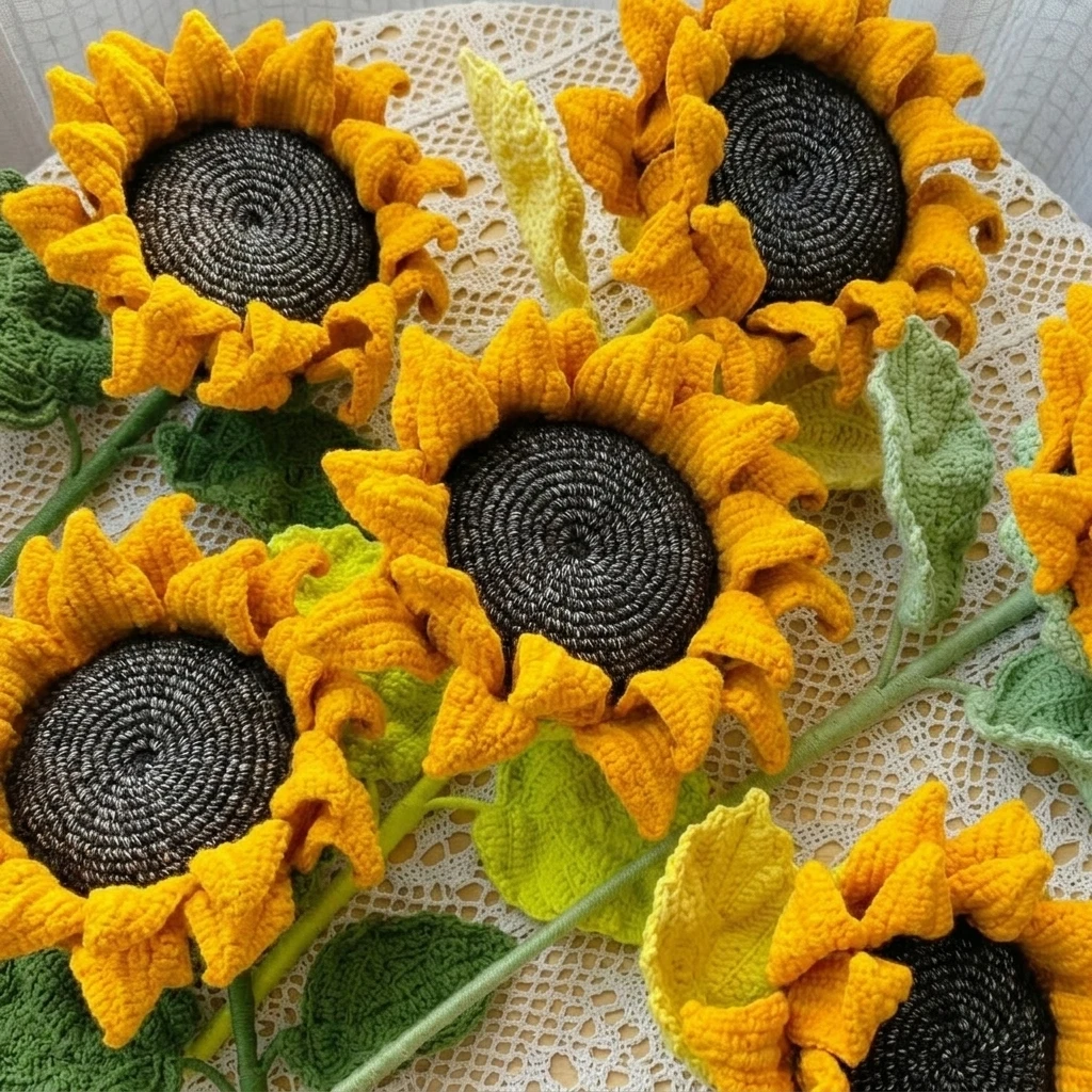 Handcrafted crochet sunflower bouquet in vase