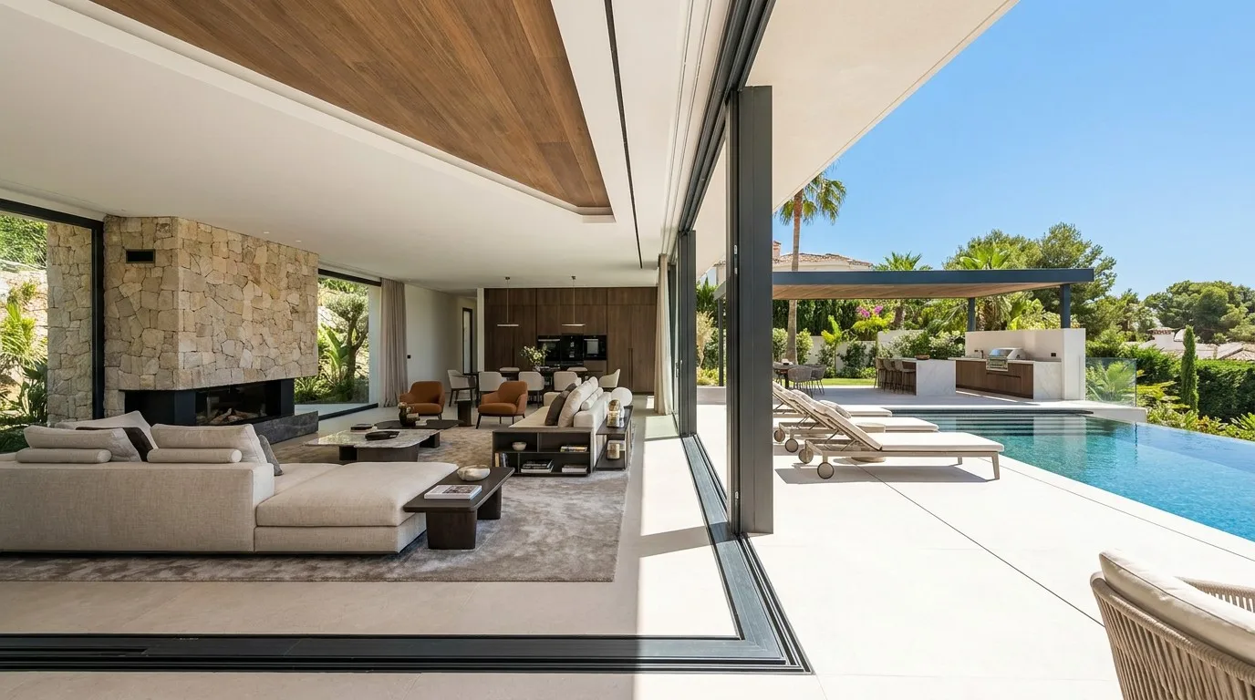 Luxury villa aluminum bi-folding door open to pool terrace lifestyle China Richocean