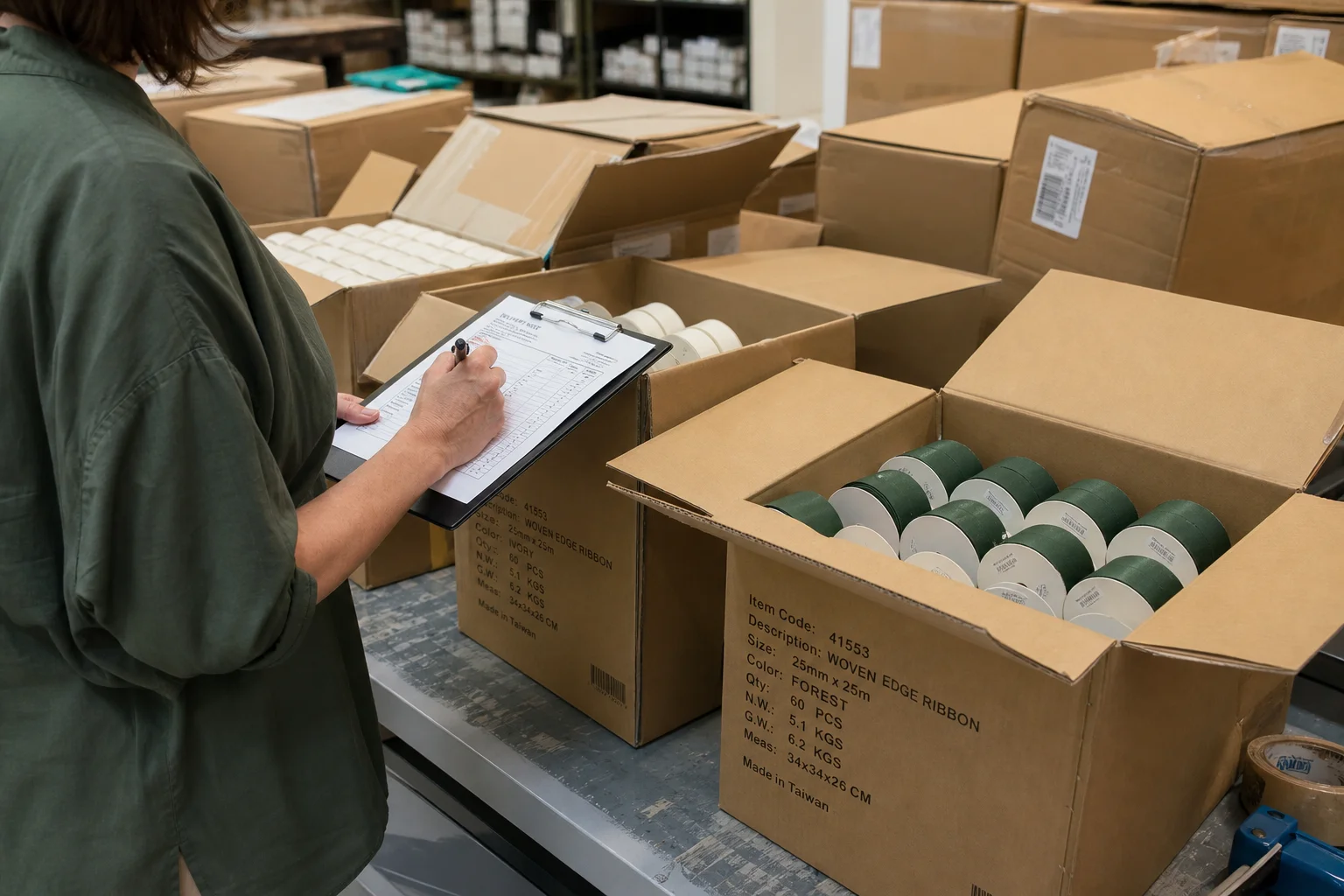 European stationery brand buyer checking ribbon shipment at warehouse