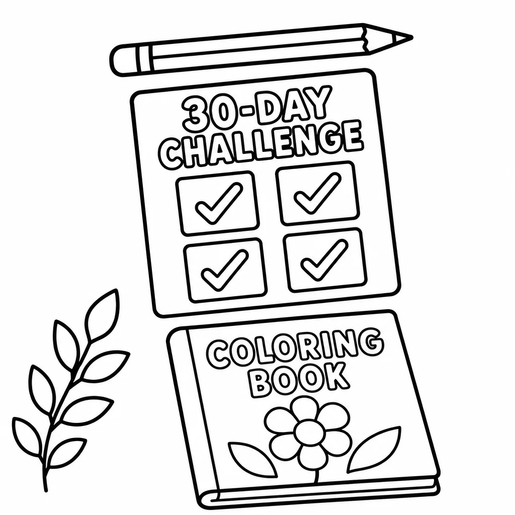 Bold and easy line art of a thirty-square habit tracker with a pencil, book and mug