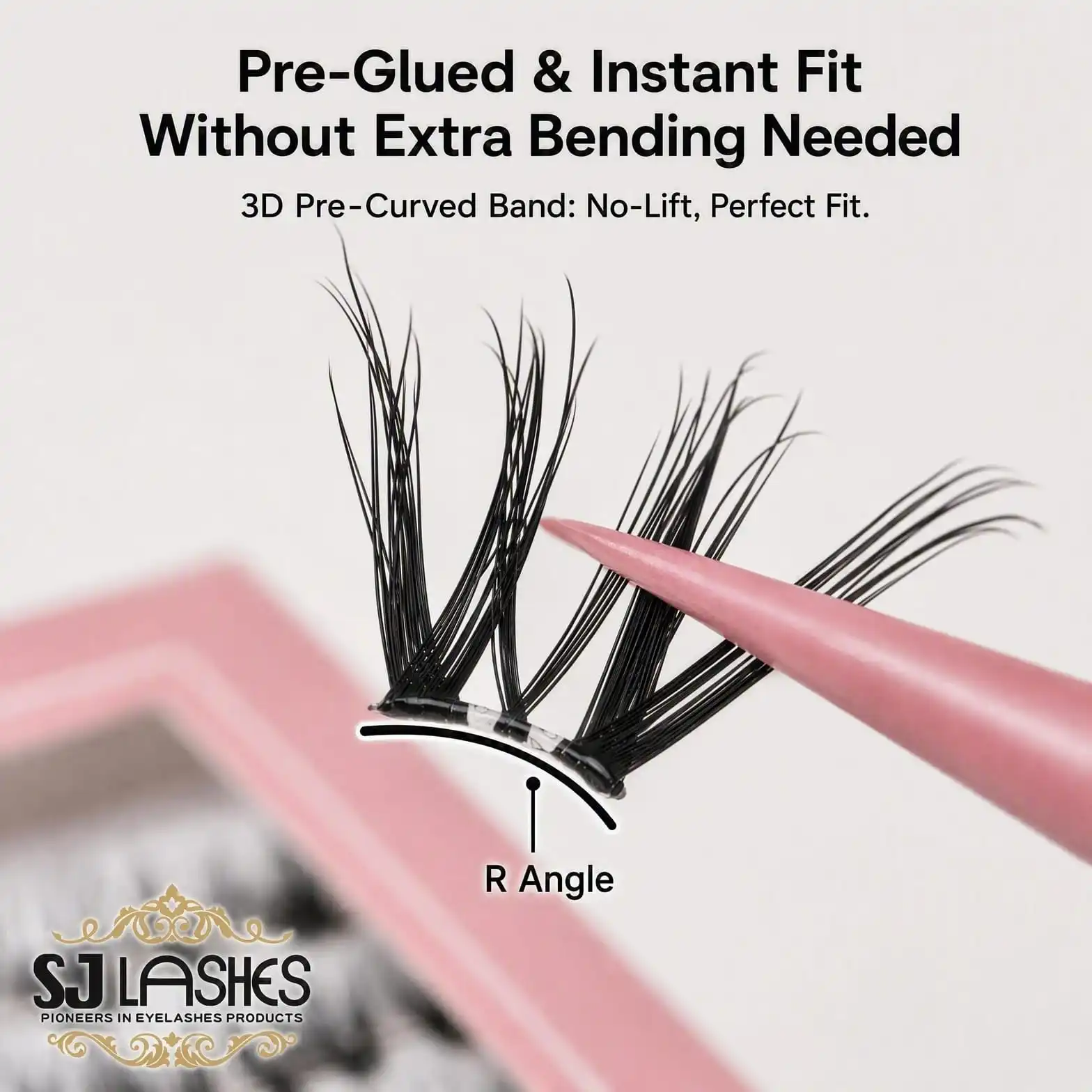Pre-glued instant fit lash cluster held in pink tweezers showing the R angle curve of the band against a blurred pink lash box - pre-curved band lash detail