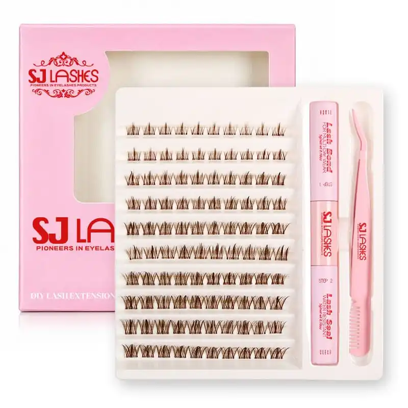 Pink DIY lash extension kit box closed with arched window showing the molded tray of lash clusters and the bond and seal tubes, next to the same tray displayed open - lash kit window box