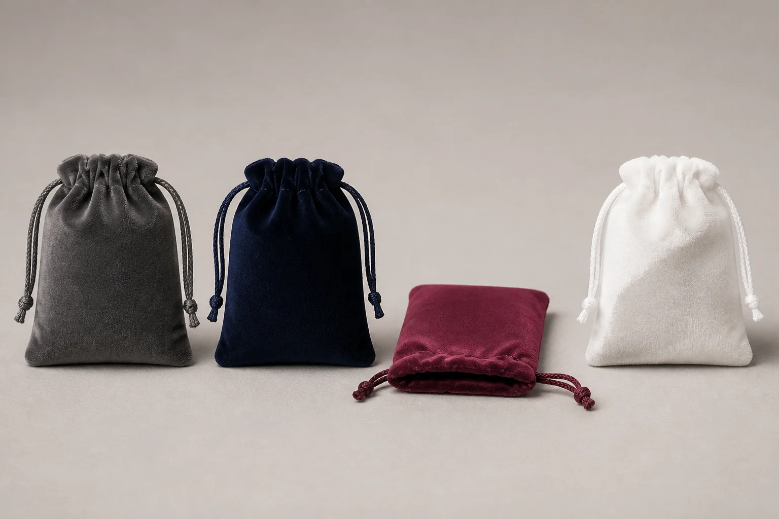 Studio photograph on a warm grey seamless surface showing four velvet drawstring pouches in a row: a grey velvet pouch standing upright with braided cord ends, a navy velvet pouch standing upright beside it, a wine-red velvet pouch lying flat and collapsed in the foreground, and a white velvet pouch standing upright whose face carries a visible diagonal tonal shift where the pile direction changes