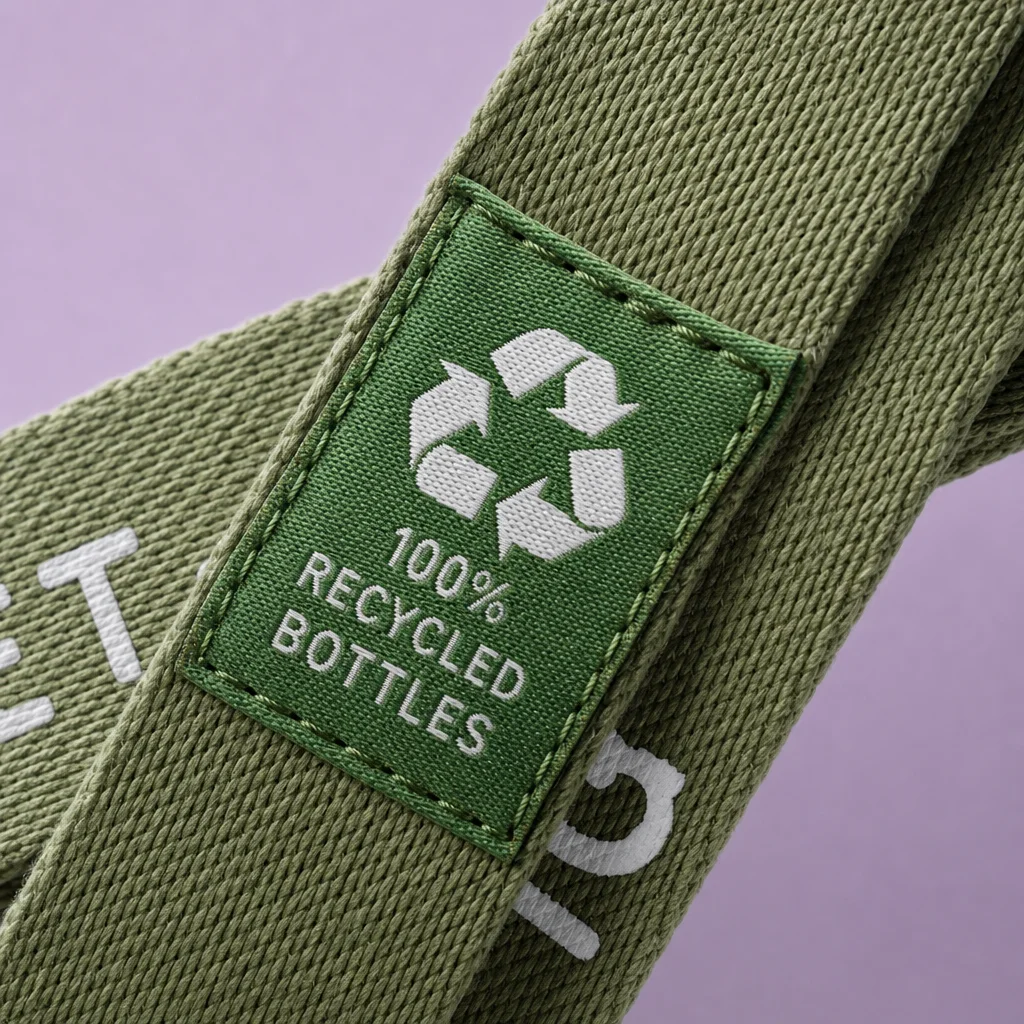 RPET Recycled Fiber Texture & 100% Recycled Bottles Woven Eco Tag Macro Detail
