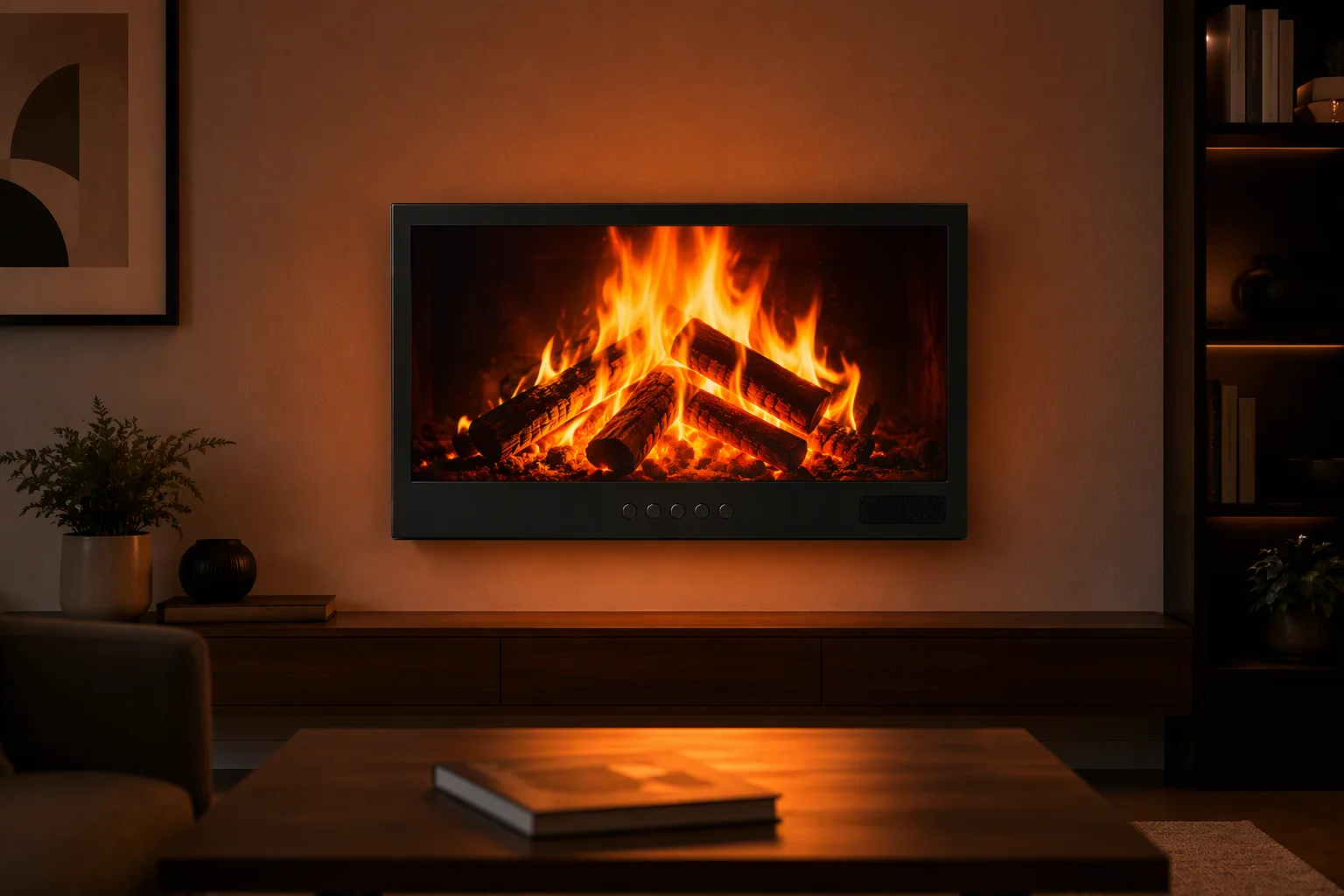 Holographic fireplace wall-mounted in an evening living room casting warm flame light