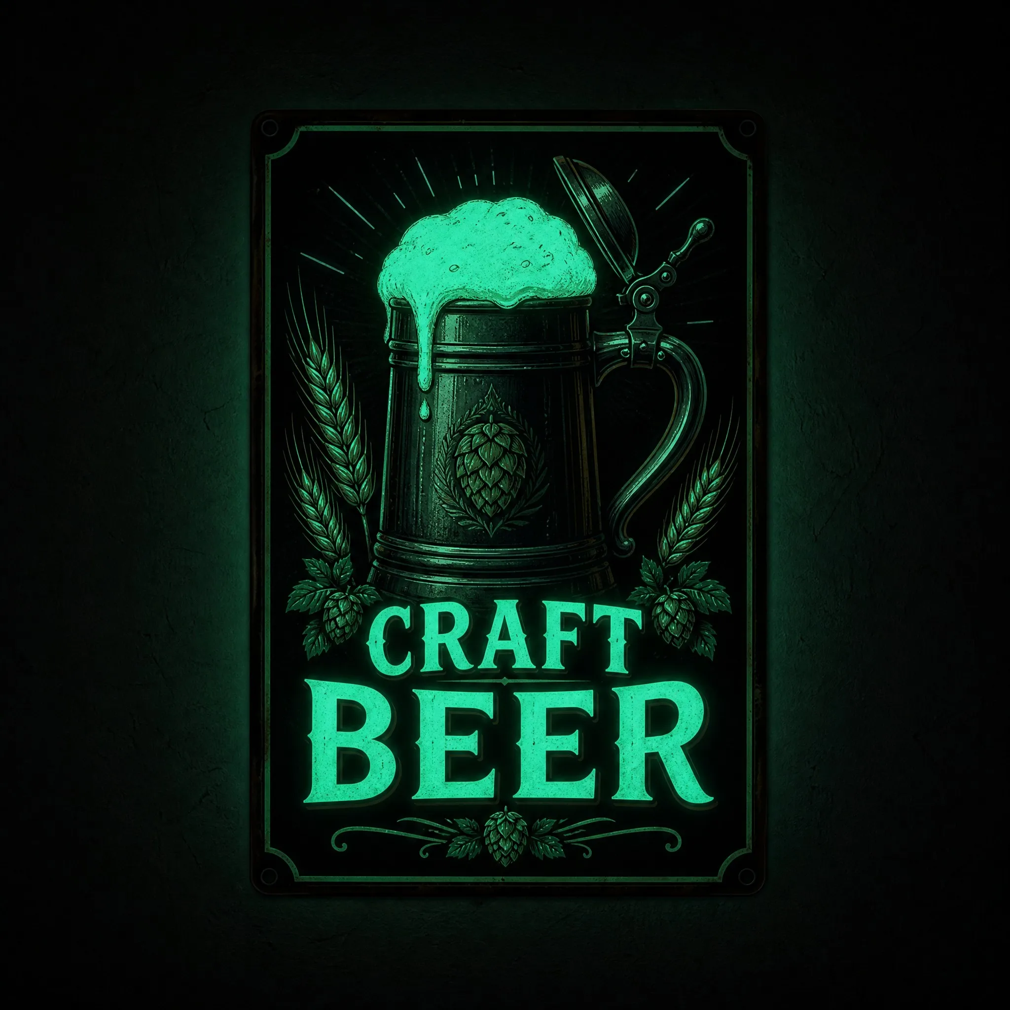 Night view of the glow in the dark sign with luminous foam and lettering in a dark room