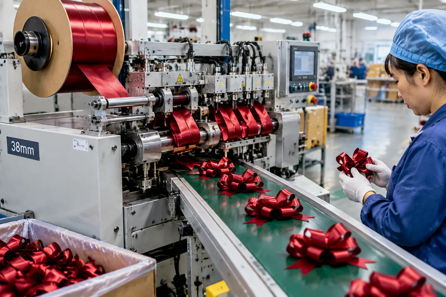 Automated bow-making machine in operation producing ribbon bows