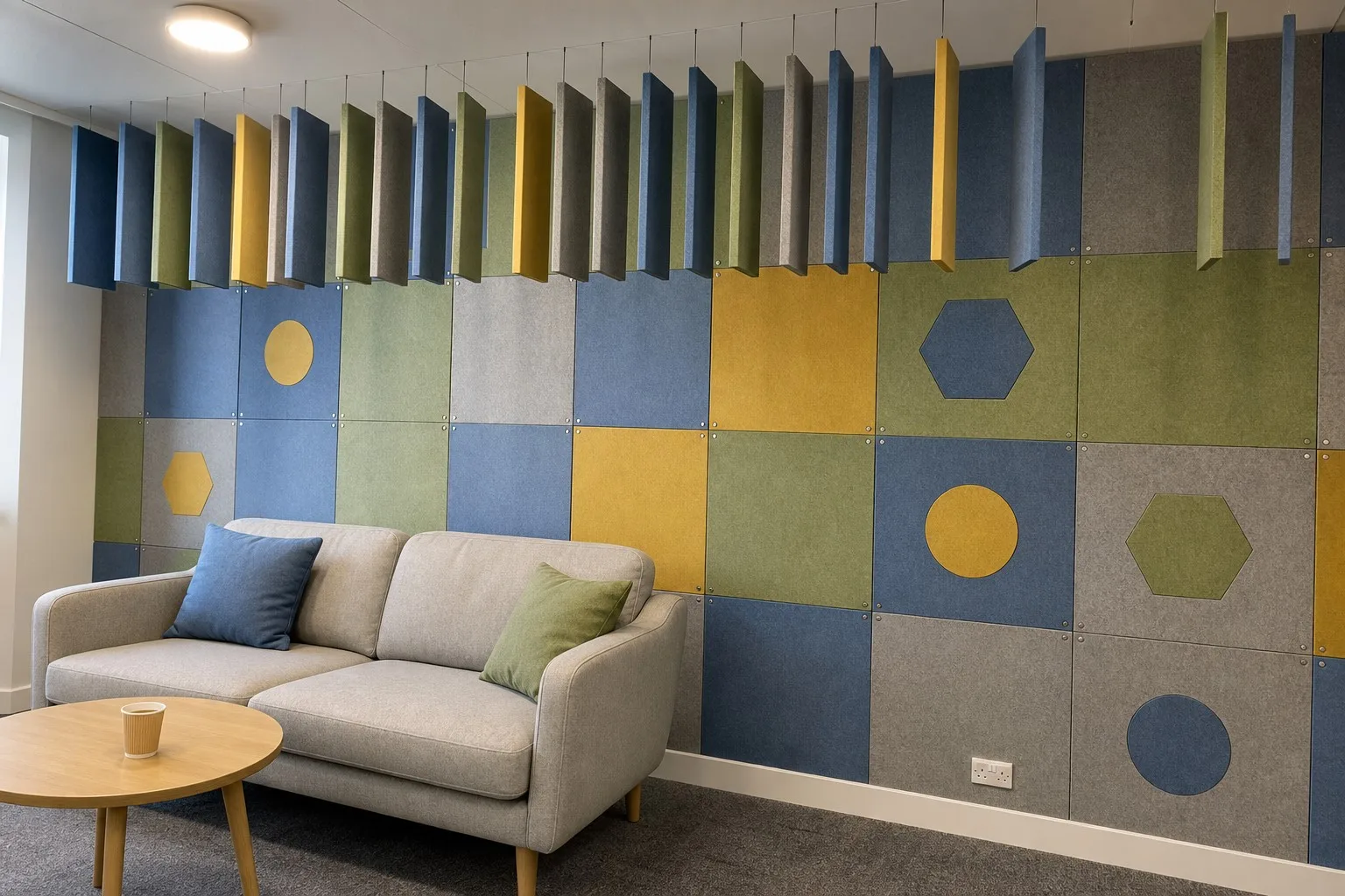 PET felt vs wood slat acoustic panels with colorful PET felt designs