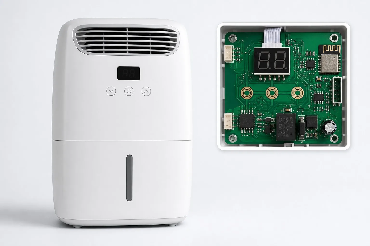 Smart dehumidifier with its single integrated control board shown in cutaway