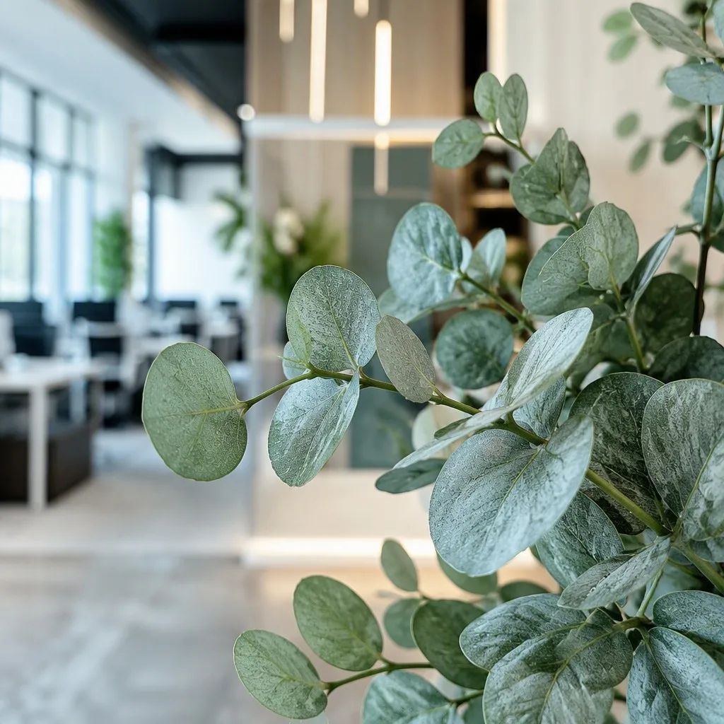 Close up of realistic artificial eucalyptus leaves