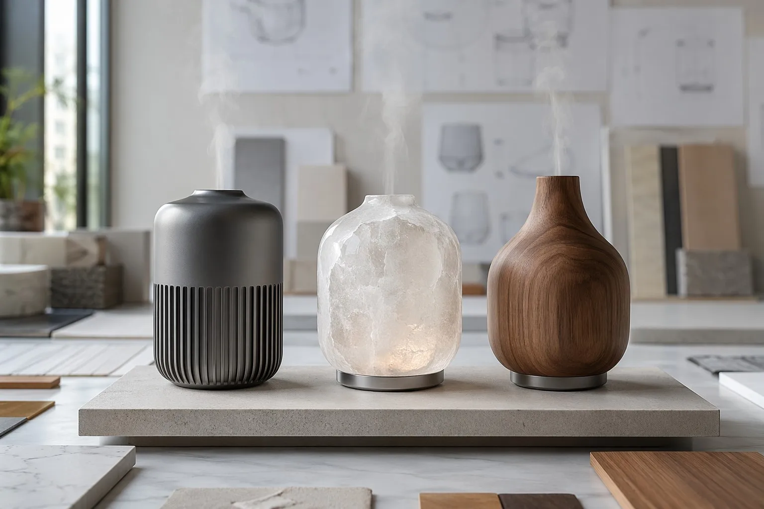 custom aromatherapy diffusers in wood, aluminum, and glass