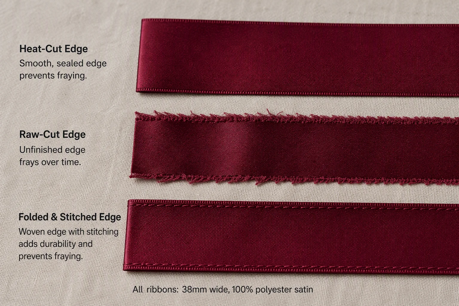 Documentary B2B product comparison photo ribbon samples different edge finishes natural linen surface three samples clean heat-cut polyester edges sealed non-fraying edge frayed raw-cut edges showing problem folded stitched woven edge alternative finish all samples same deep burgundy satin 38mm natural side window light factual B2B product quality comparison clear focus edge details