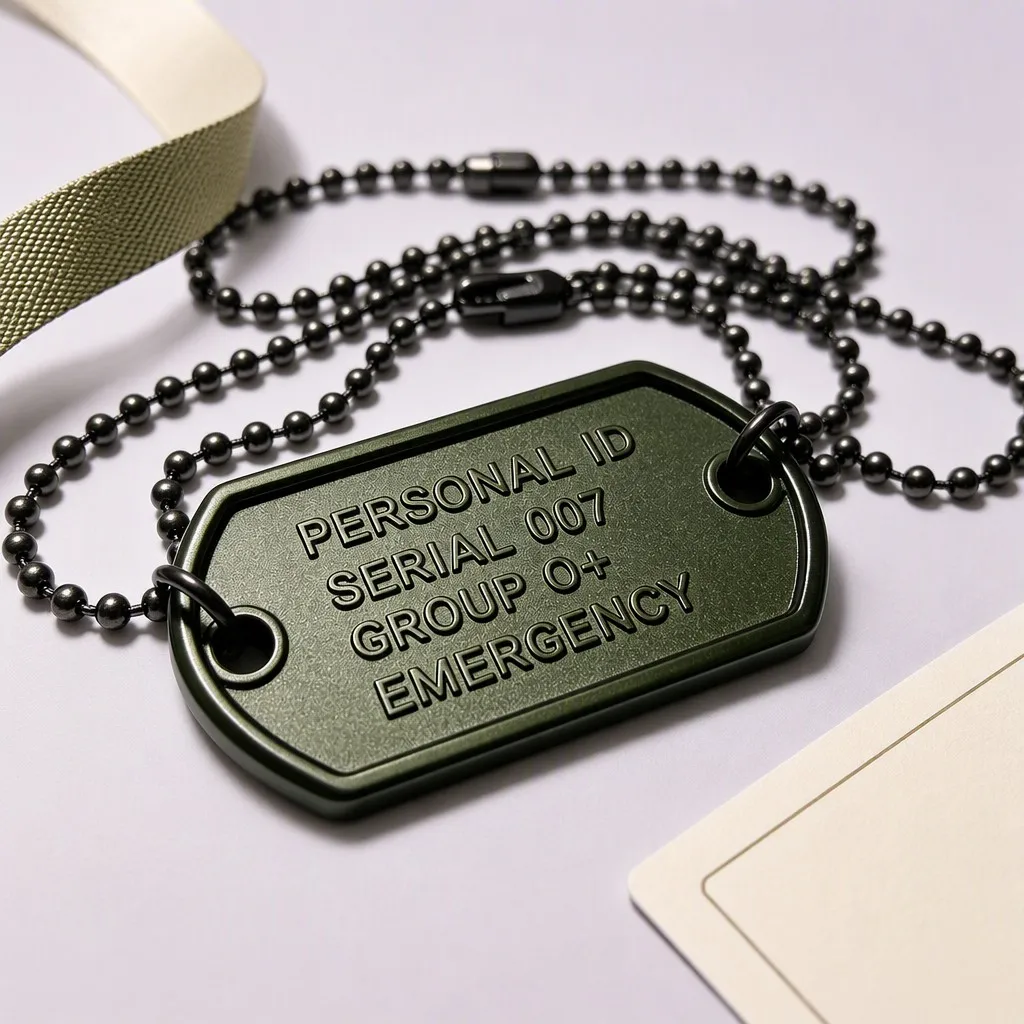 Olive drab embossed custom military dog tag on lavender studio backdrop
