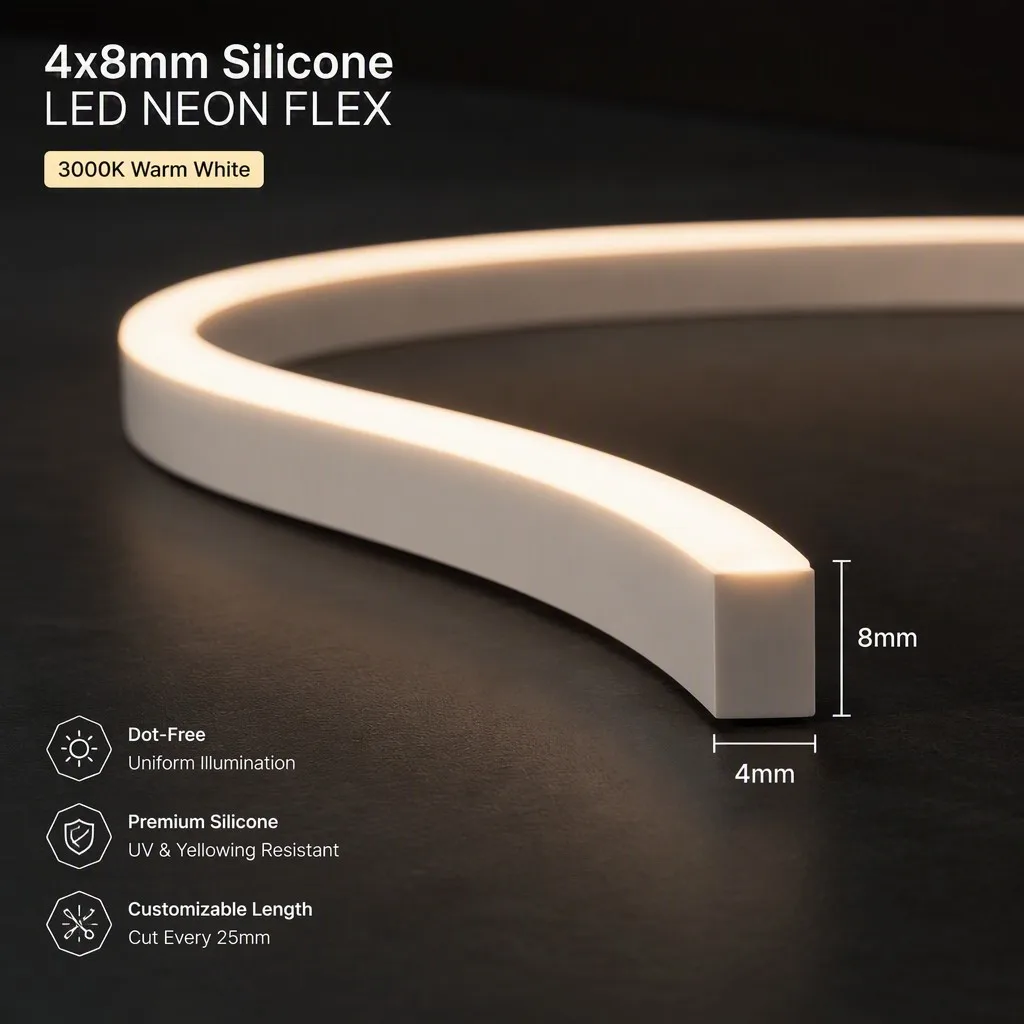 Ultra-Slim 4x8mm Side-Emitting COB LED Neon Flex | Dimmable High-Density Silicone Strip for Precise Furniture Contours
