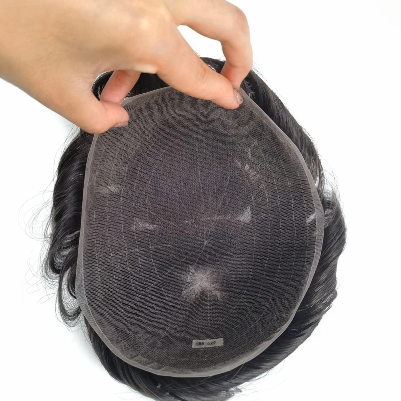90% Light Density Full Fine Swiss Lace Real Natural Human Remy Hair Men Toupee With Knots Good Bleached