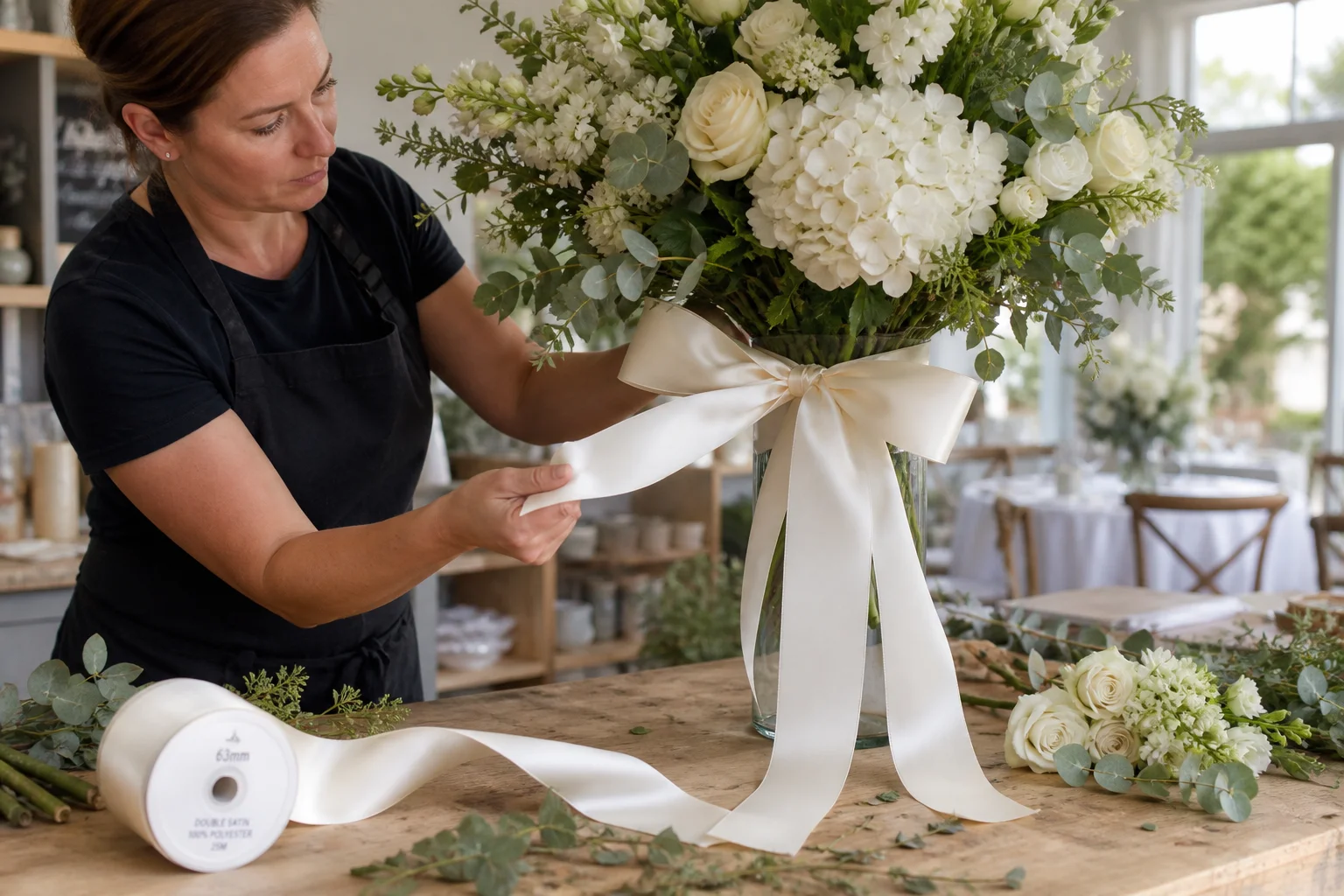 Documentary B2B product photo ribbon used floristry event decoration context professional florist wrapping large floral arrangement wide ivory satin ribbon tying statement bow wedding table centrepiece ribbon width 63mm clearly visible well-proportioned natural daylight florist studio realistic working context ribbon flowers focus