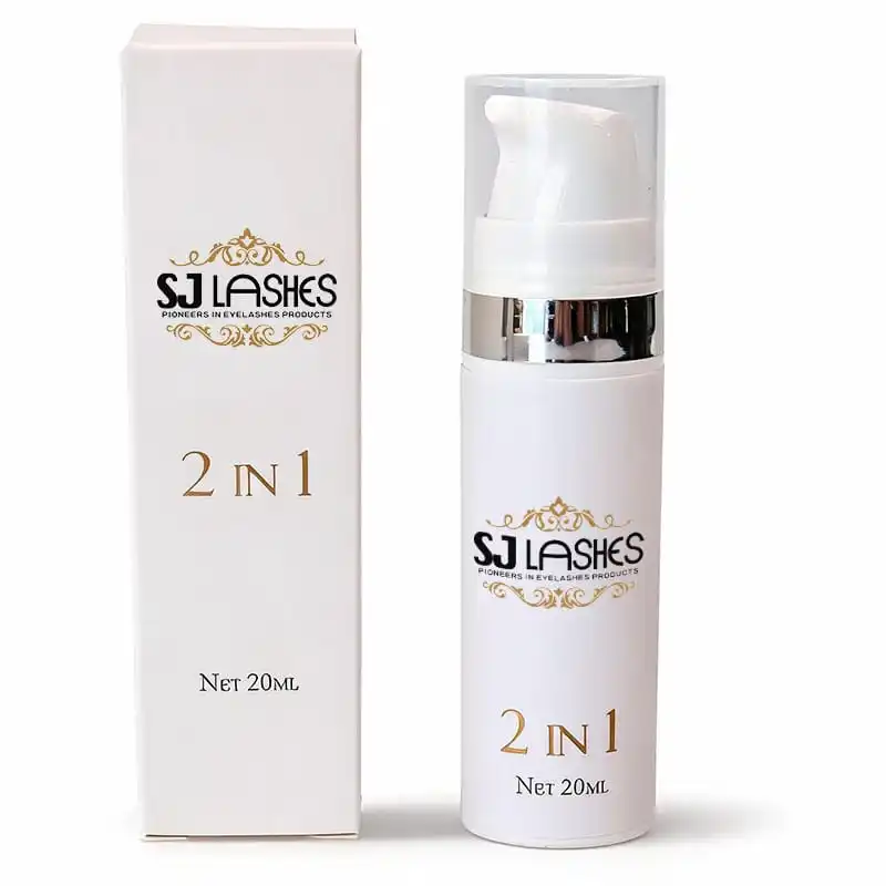 White lash liquid pump bottle with silver collar, clear protective cap and matching paper box printed with gold foil flourish logo and 2 in 1 net 20ml - custom private label lash liquid packaging
