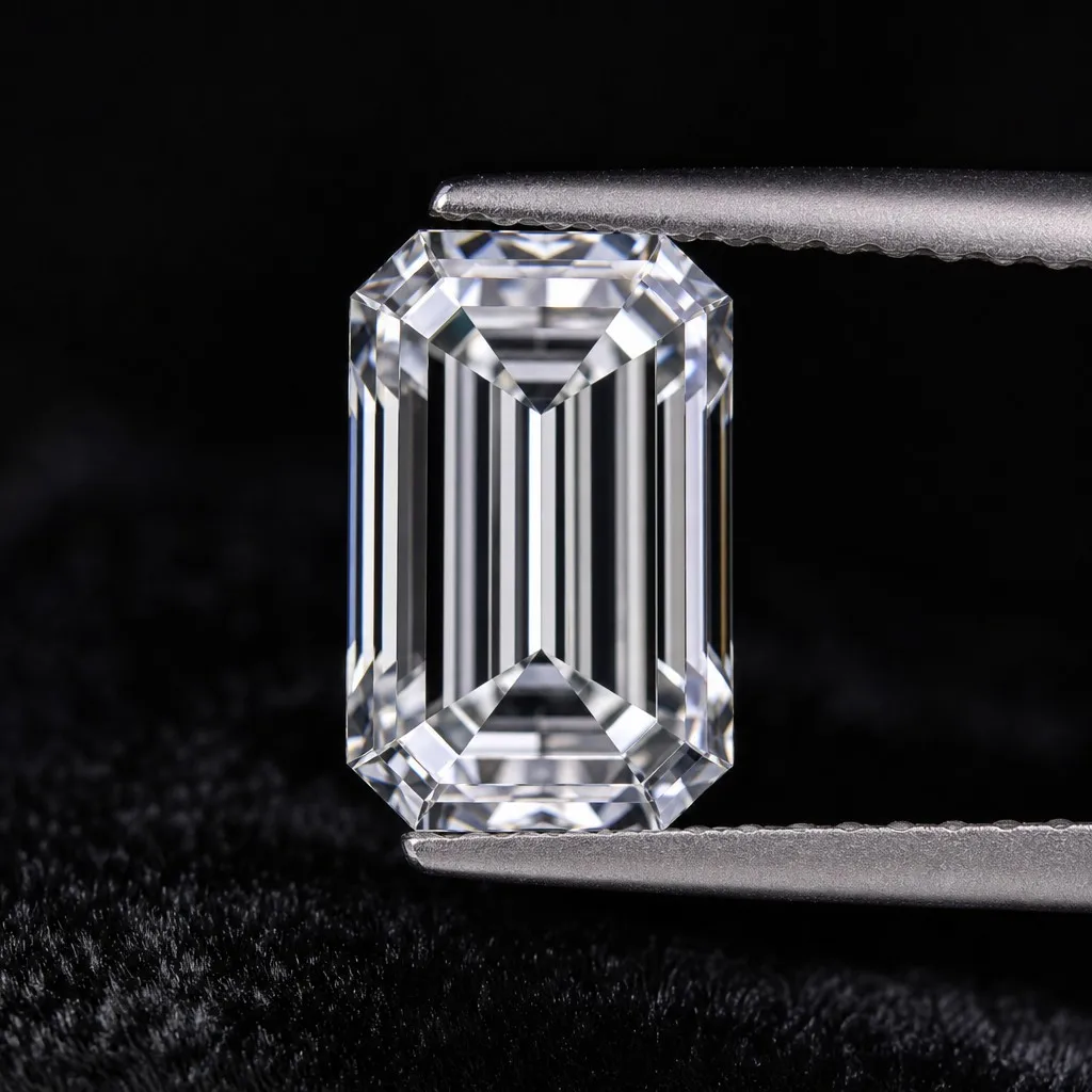 Macro detail of a precision-cut emerald lab-grown diamond
