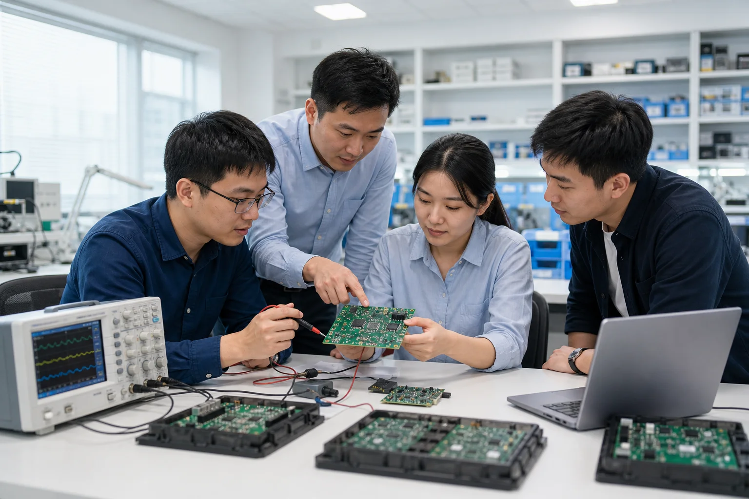 R&D engineering team reviewing a printed circuit board in the lab