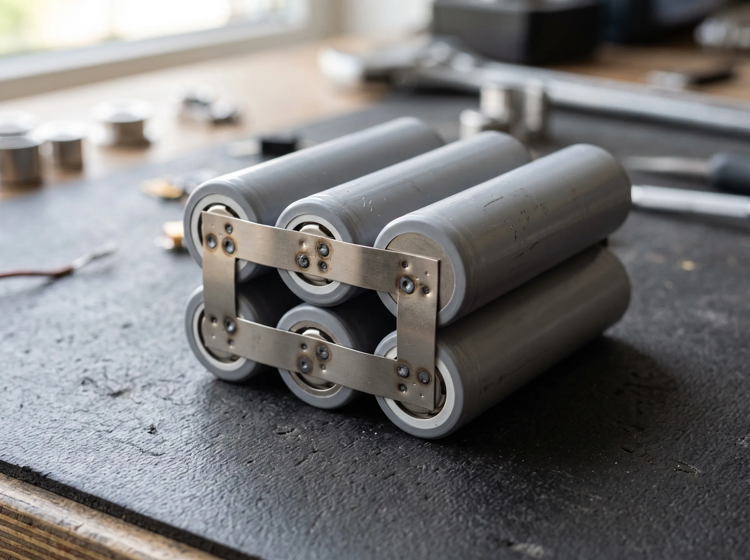 Five 21700 cells connected in parallel with spot-welded nickel strips