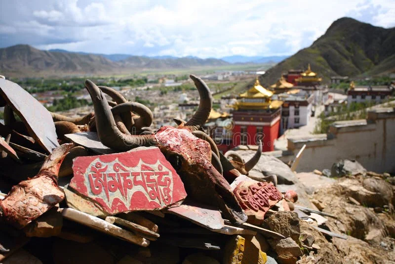 Ancient Tibetan mantra Om Mani Padme Hum carved in stone