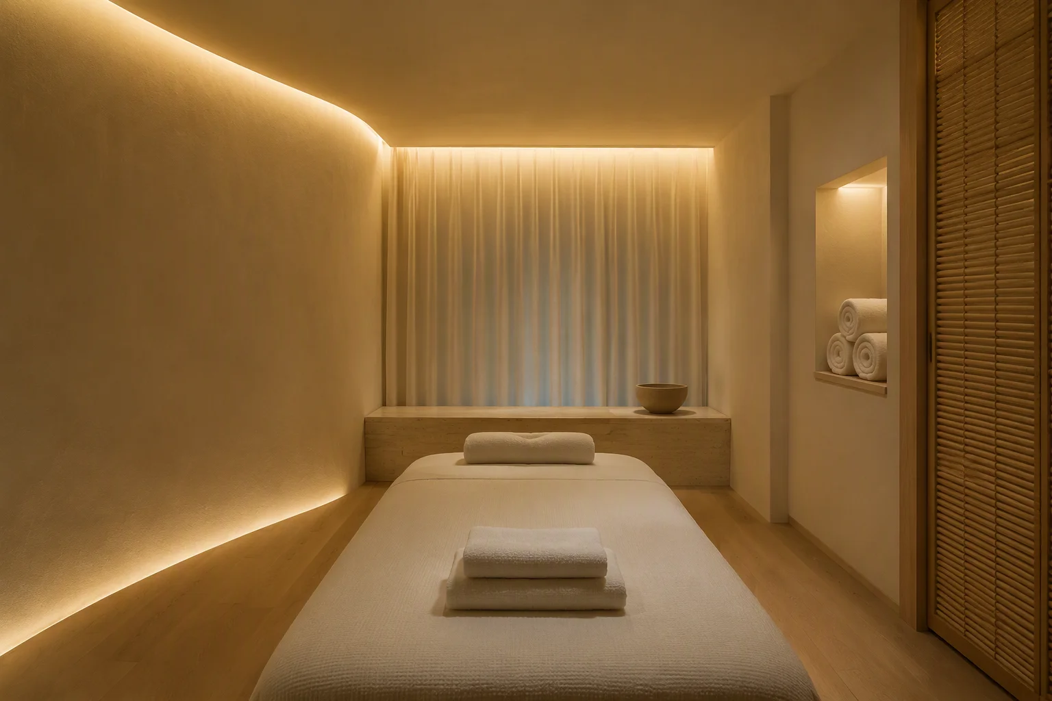 Indirect cove lighting along the wall and ceiling of a warm-toned hotel spa treatment room