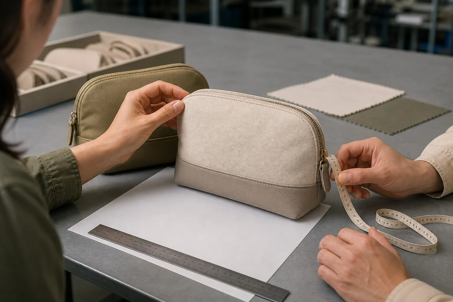 Product developers reviewing an unbranded cosmetic bag sample with a ruler, measuring tape and fabric swatches