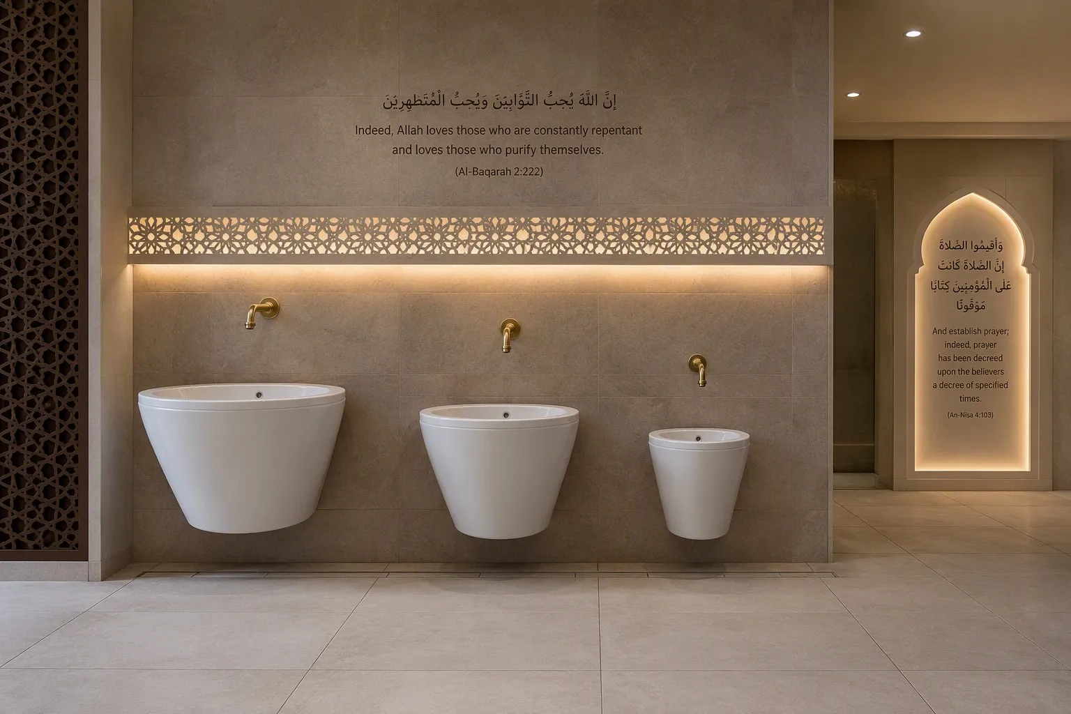 Three white ceramic wudu basins of different widths mounted in a row in a modern mosque washroom