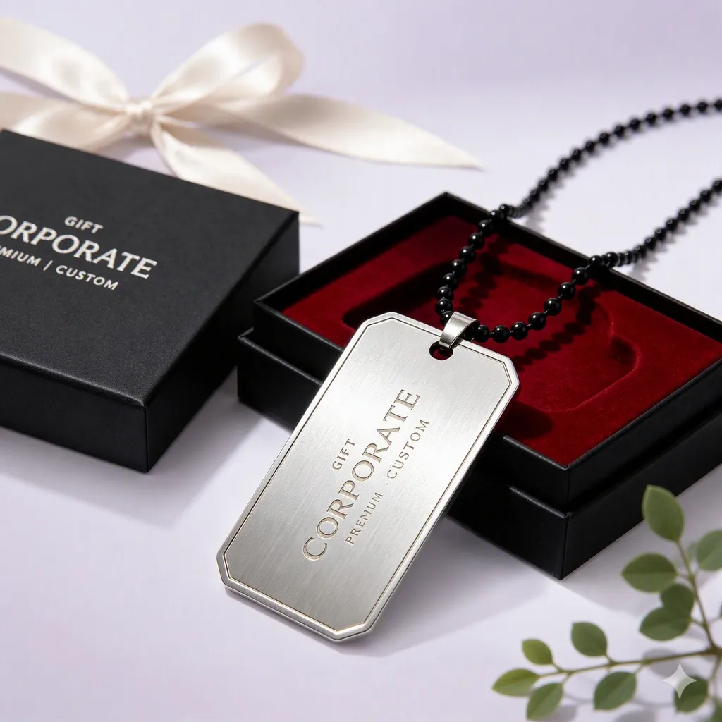 Branded silver corporate gift dog tag with gift box on lavender studio backdrop