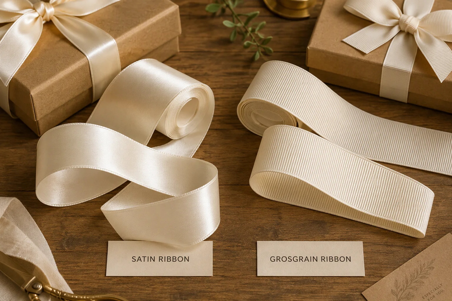 Side-by-side comparison of satin ribbon and grosgrain ribbon showing surface texture differences