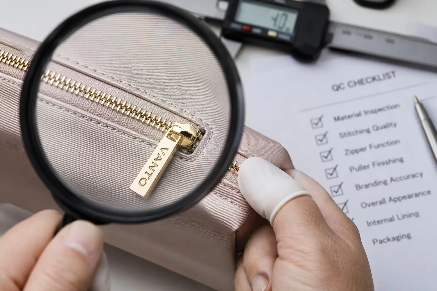 QC inspector examining custom branded zipper and stitching on a premium cosmetic bag