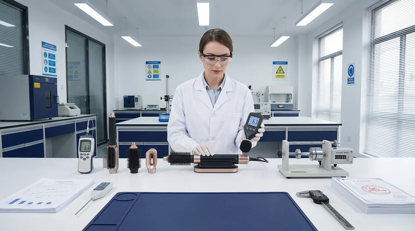 Mesky QC engineer testing hot air brush noise level in quality control laboratory