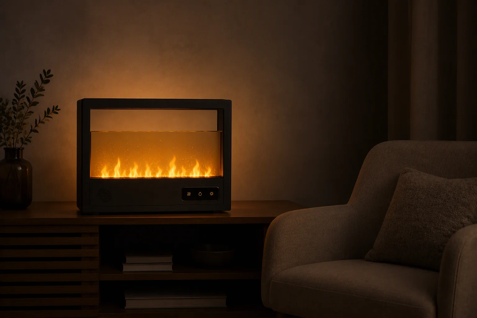 Alcohol-effect fireplace glowing in a dim evening living room