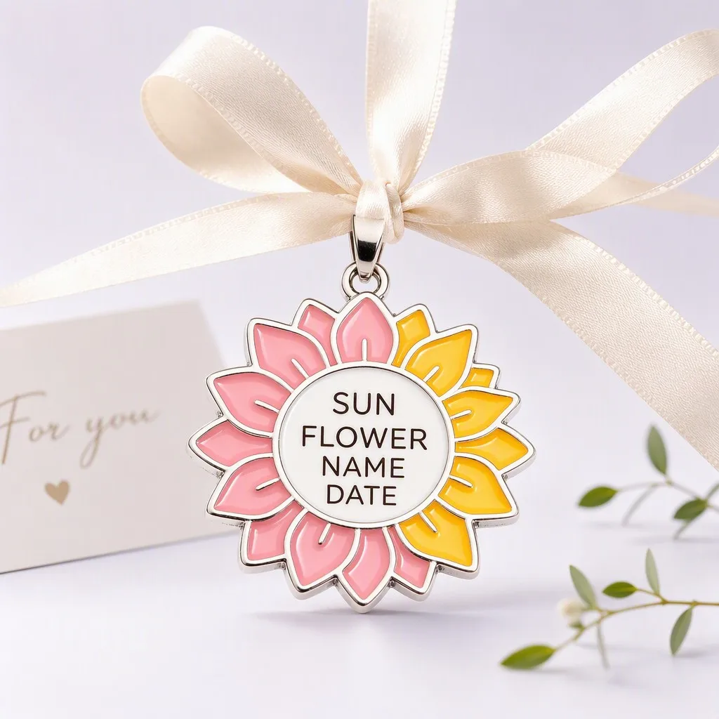 Sunflower shaped dog tag on lavender studio backdrop