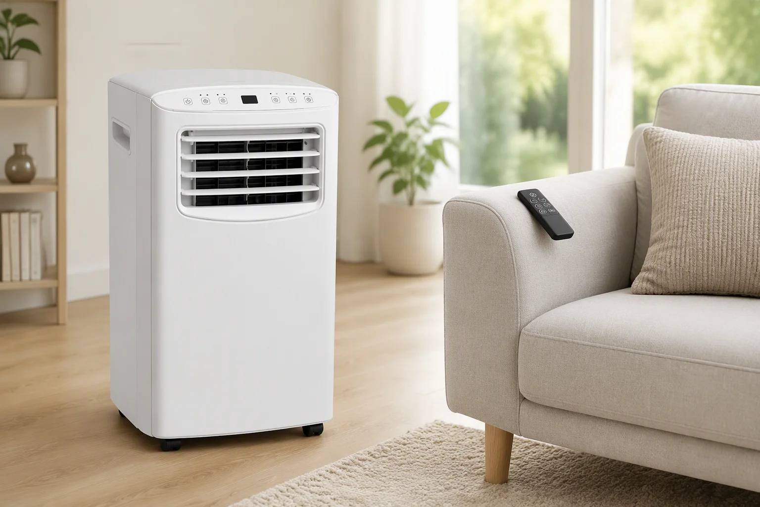 Tall portable air conditioner in a bright living room with remote on the sofa