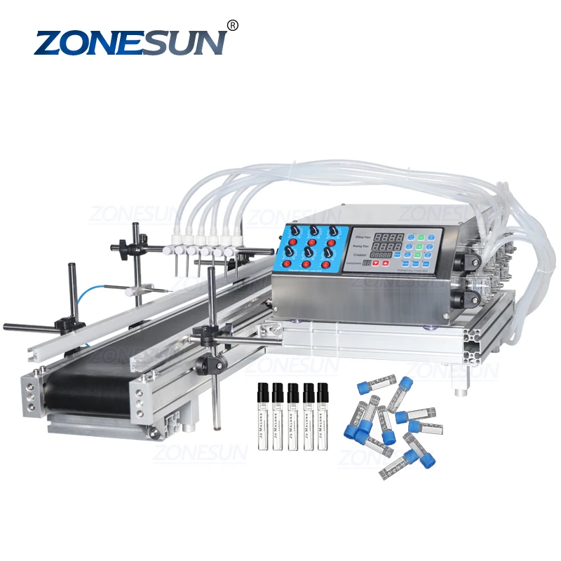 

ZONESUN ZS-DTPP6B 6 Heads Automatic Essential Oil Solvent Glass Vial Small Bottle Filling Machines With Conveyor For Perfume