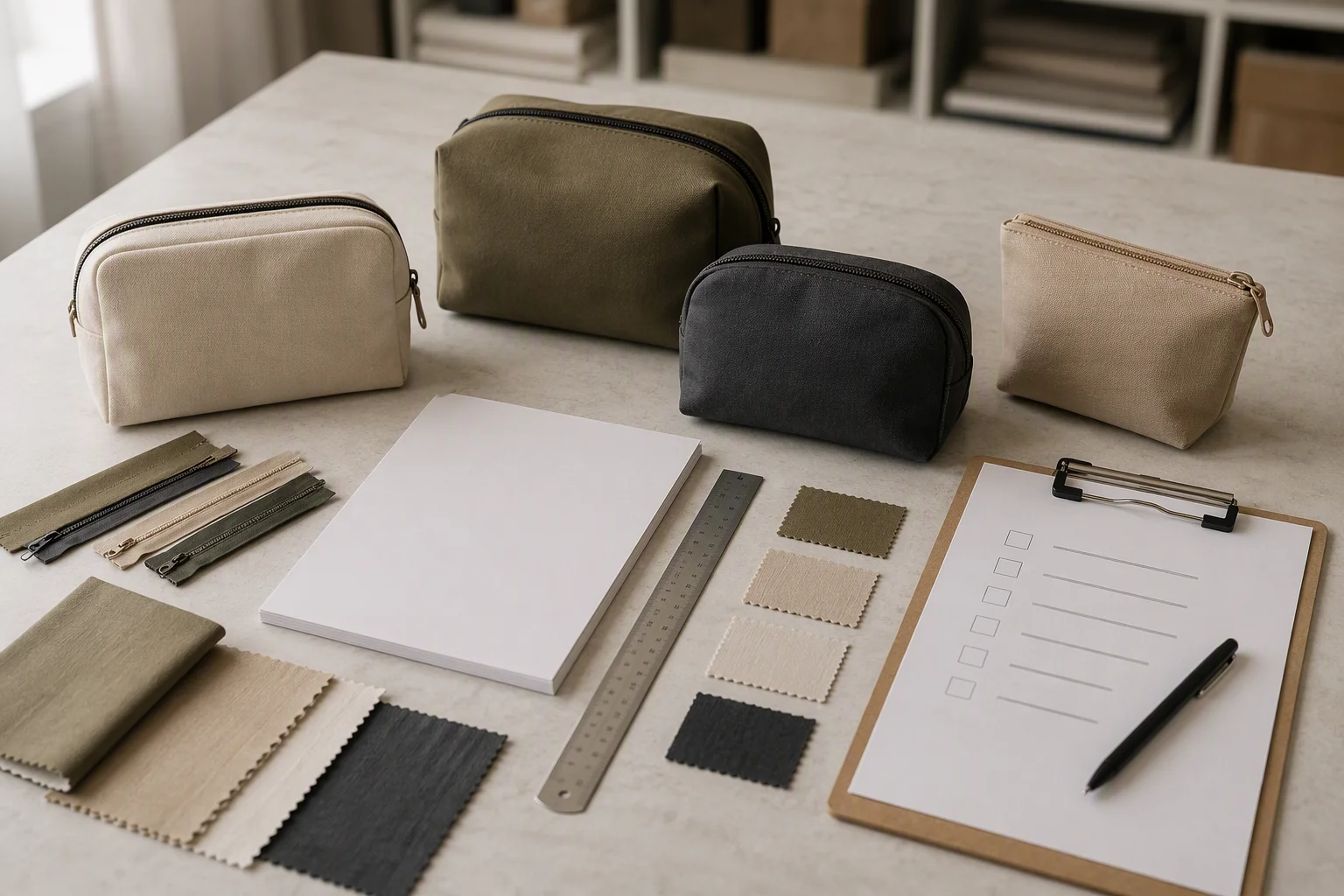 Unbranded cosmetic bag prototypes, material swatches and inspection tools arranged for a supplier evidence review