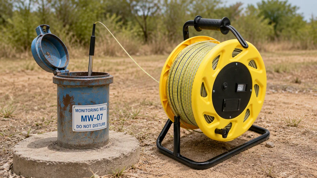 GLT500A steel ruler water level meter set up at a groundwater monitoring wellhead
