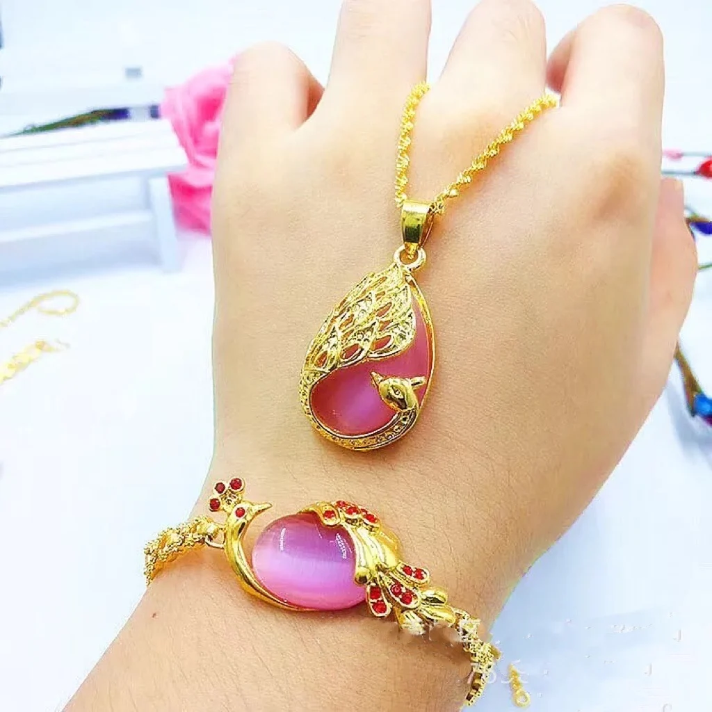 

Wholesale Hot Style Brass Gold-Plated Peacock Opal Pendant Necklace Bracelet Phoenix Suit Wedding Jewelry