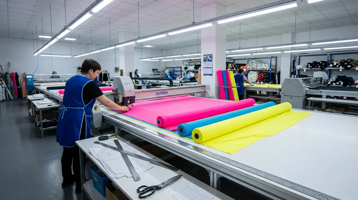 Fabric cutting area with automatic cutting machine