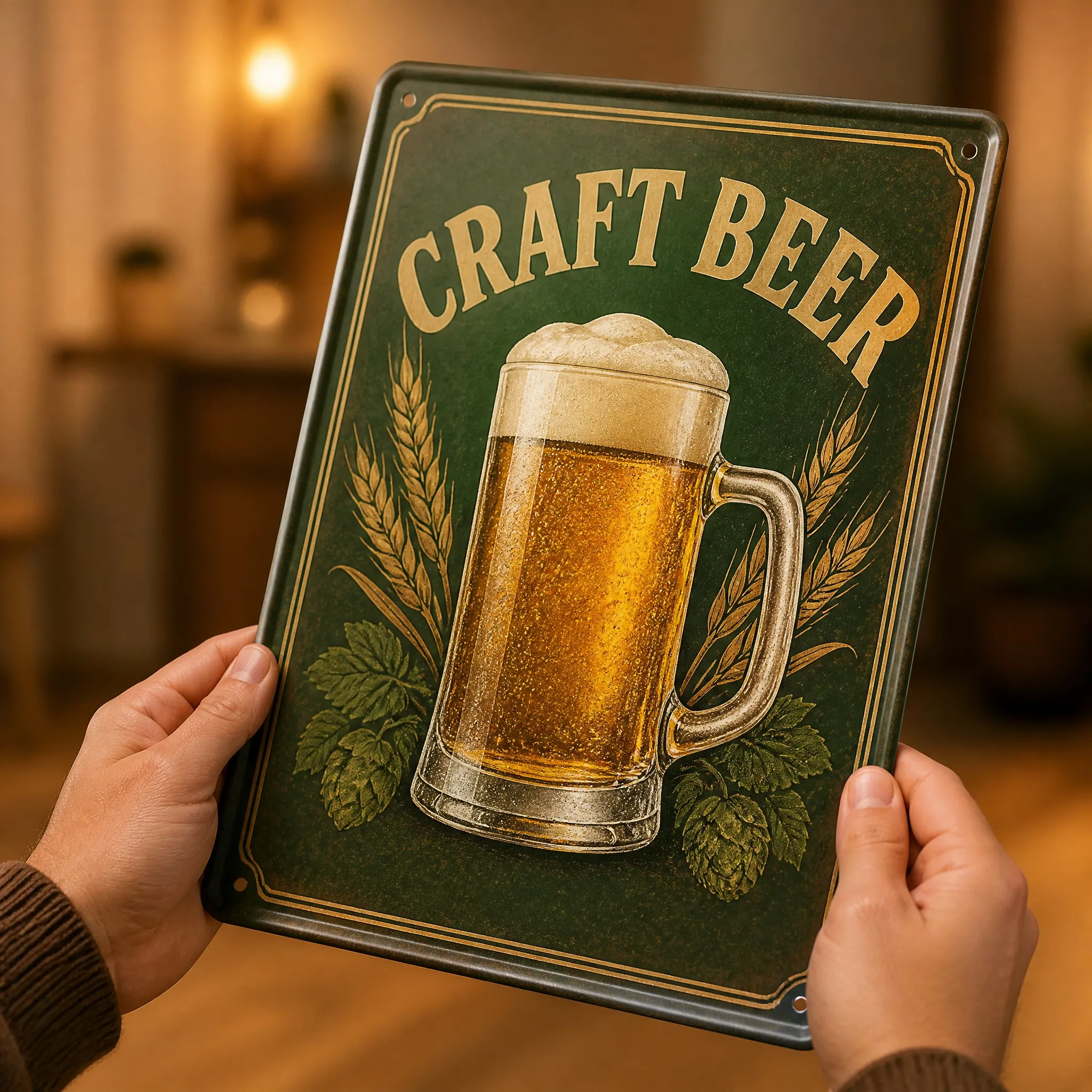 Hand holding the rolled edge beer sign showing scale and safe edge