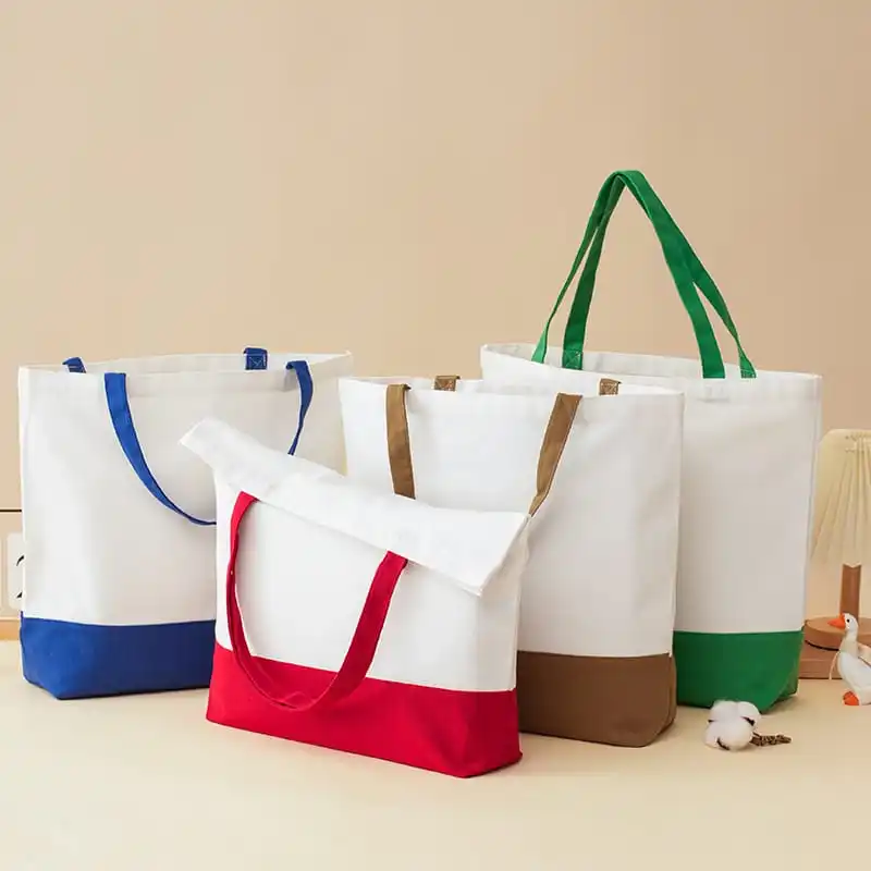Color-block canvas totes with white body and colored bottom panels