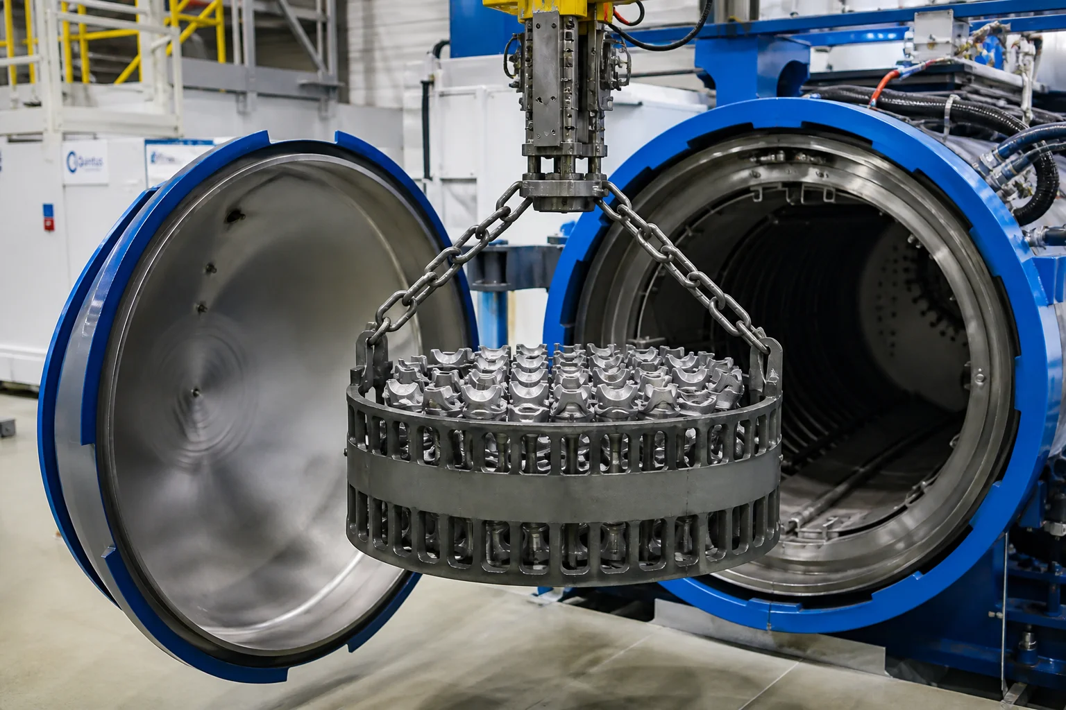 Industrial Hot Isostatic Pressing HIP furnace vessel loaded with orthopedic implant castings