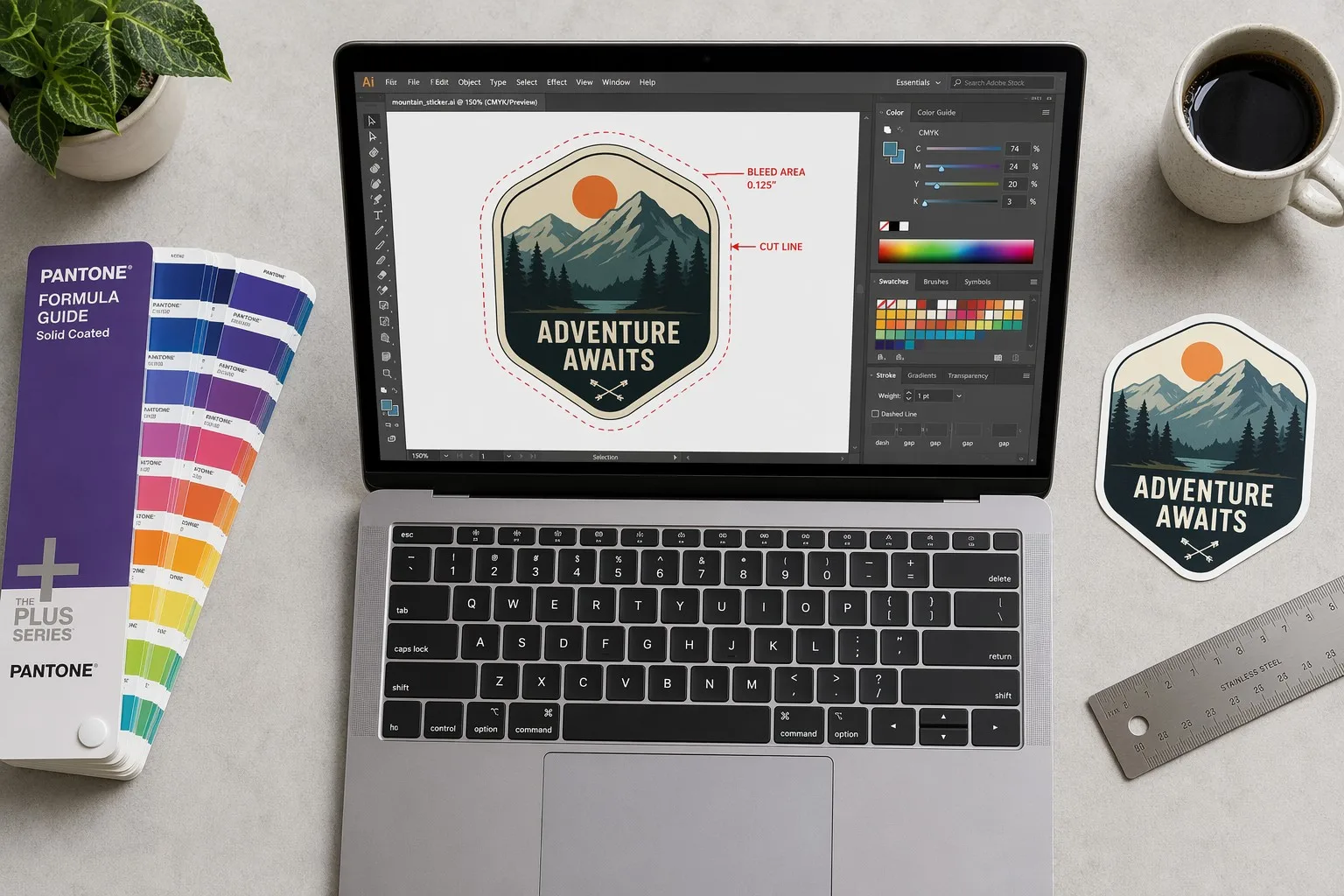 Sticker design workspace with CMYK color setup and bleed margins