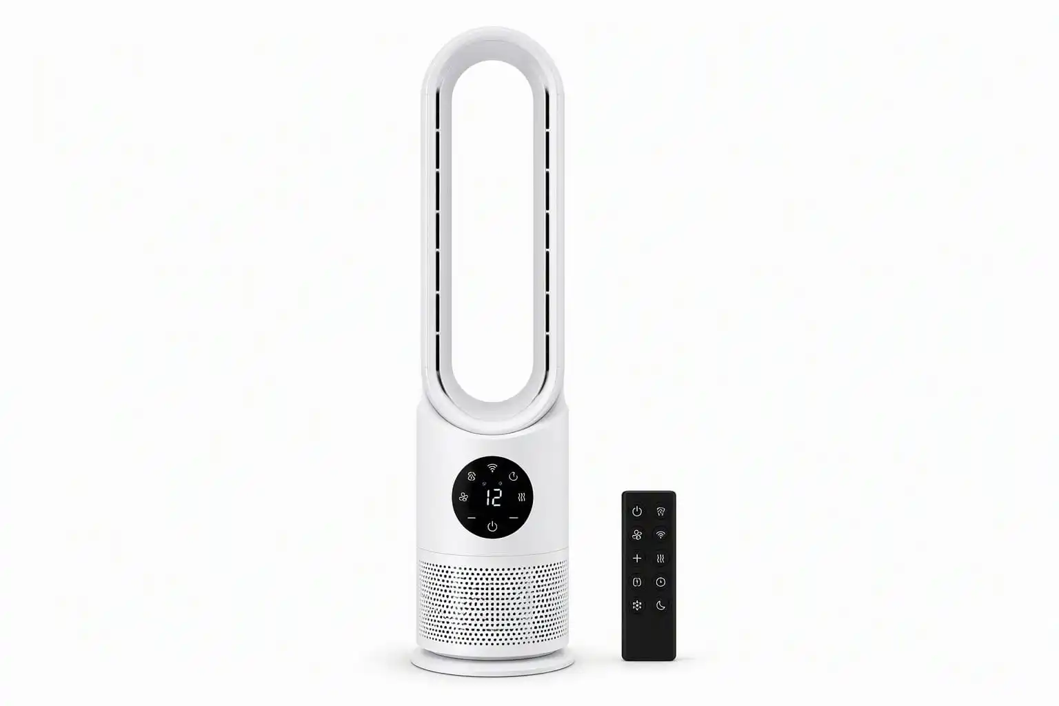 Slim white bladeless tower fan with round touch display and black remote