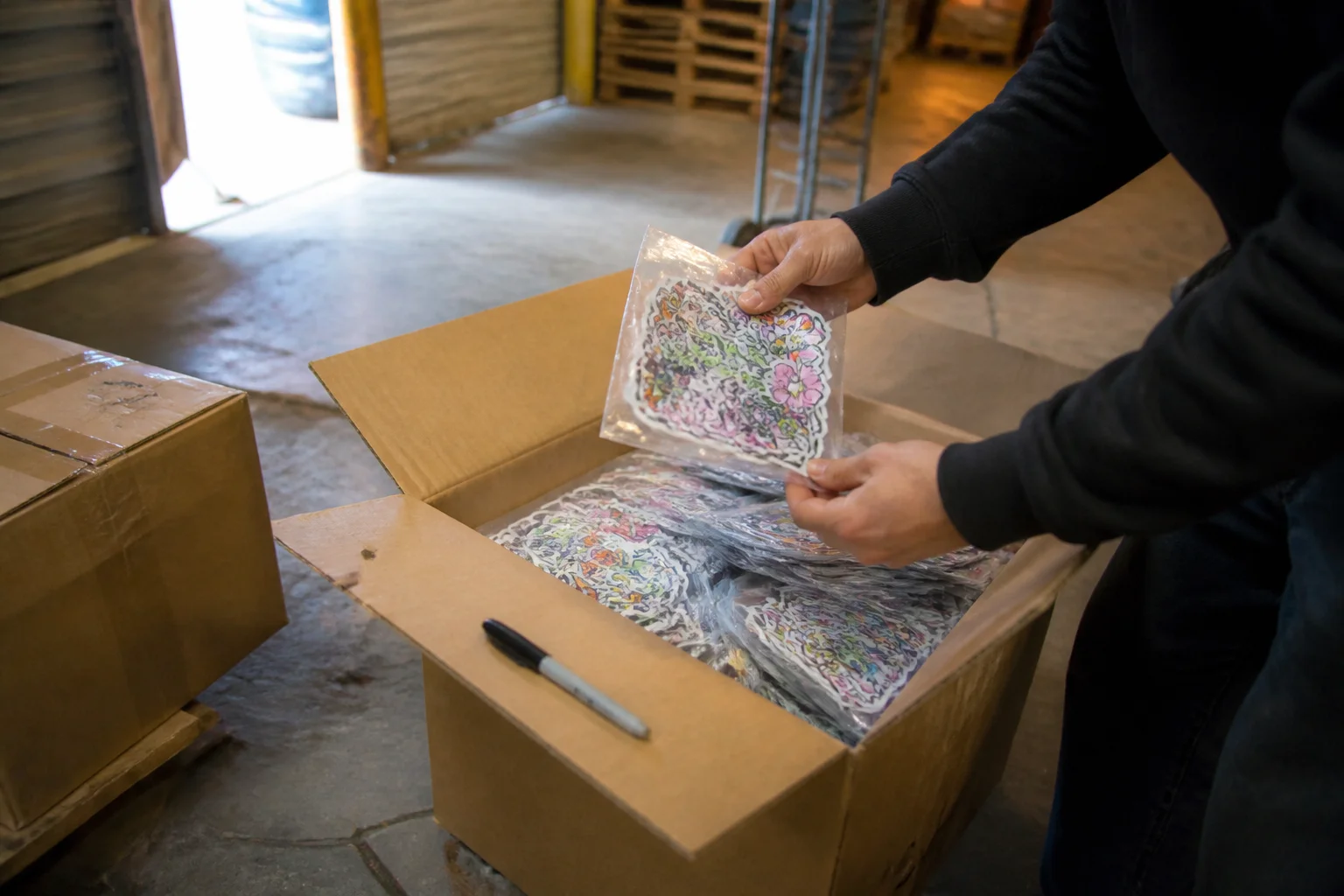 Inspecting bagged sticker packs inside an opened wholesale carton